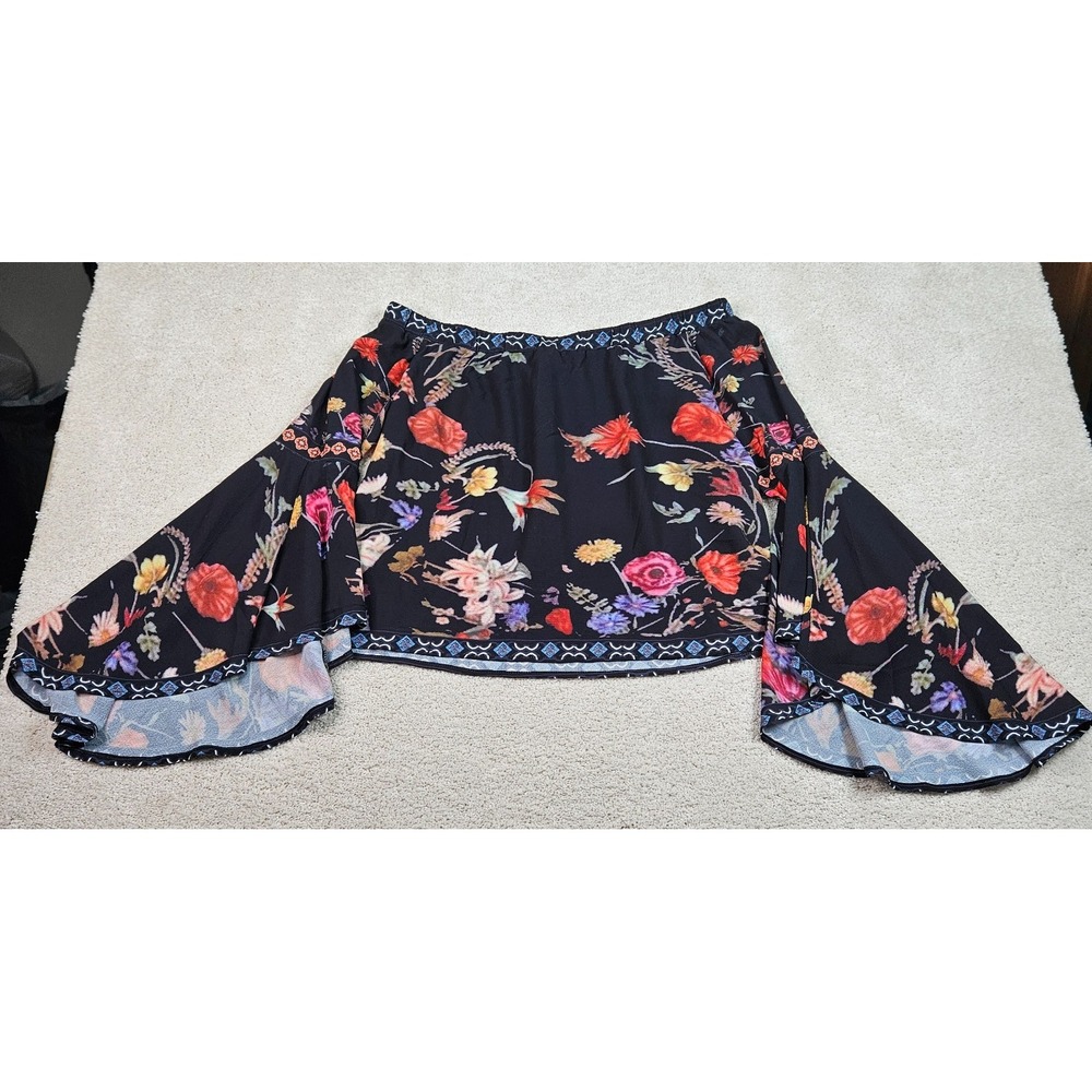 Peasant Boho Umgee S Bell Sleeve Off The Shoulder Black Floral Blouse Festival